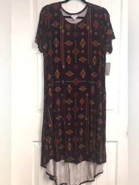 LuLaRoe Carly Purple High-Low Dress with Rust and Mustard Geo Print